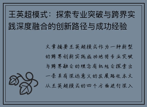 王英超模式：探索专业突破与跨界实践深度融合的创新路径与成功经验