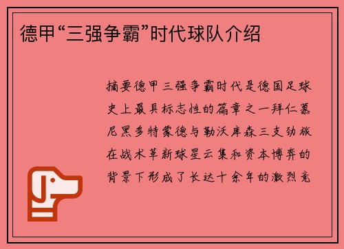 德甲“三强争霸”时代球队介绍